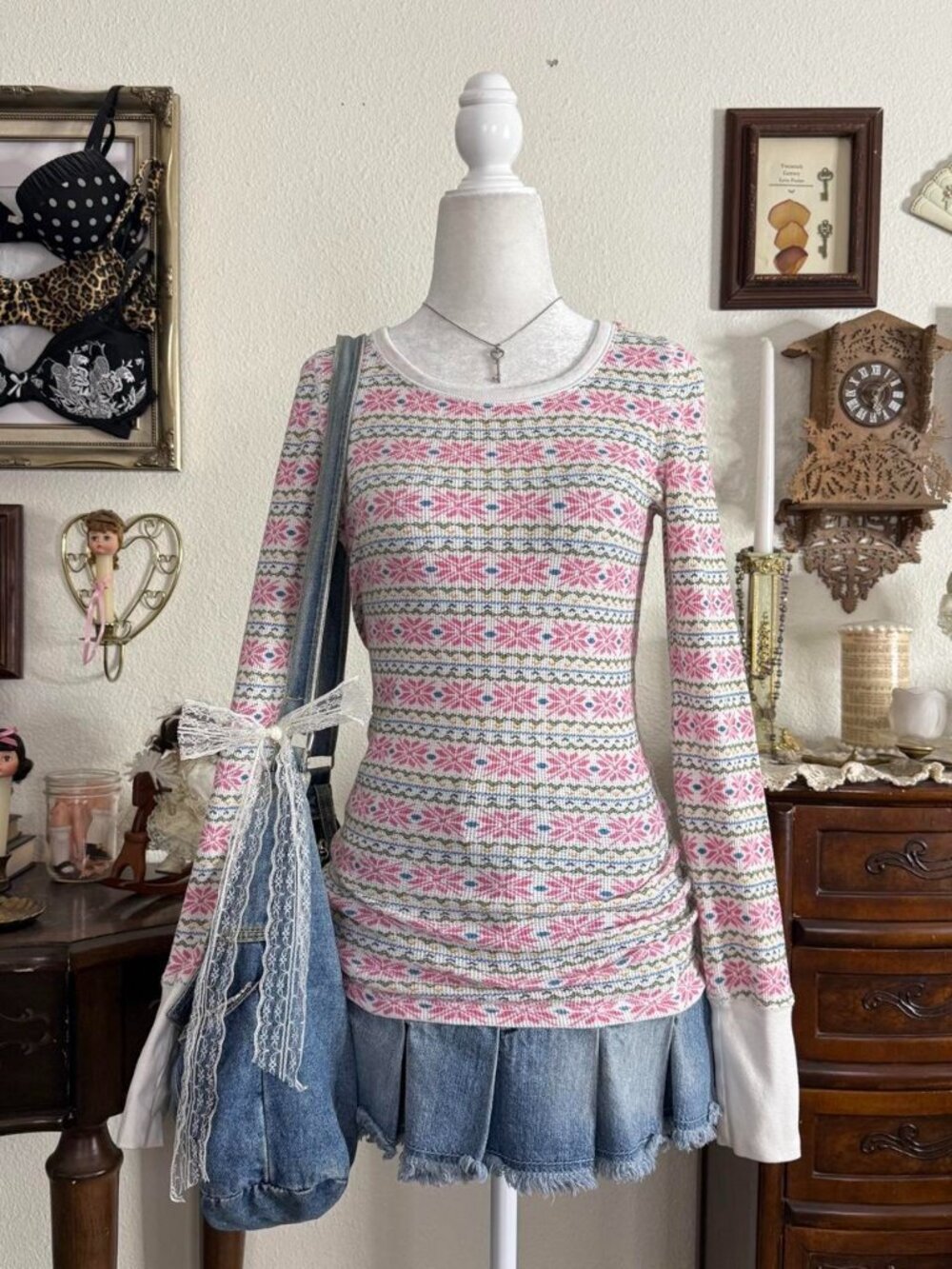 Y2k quirky whimsical thermal colorful cozy long sleeve top